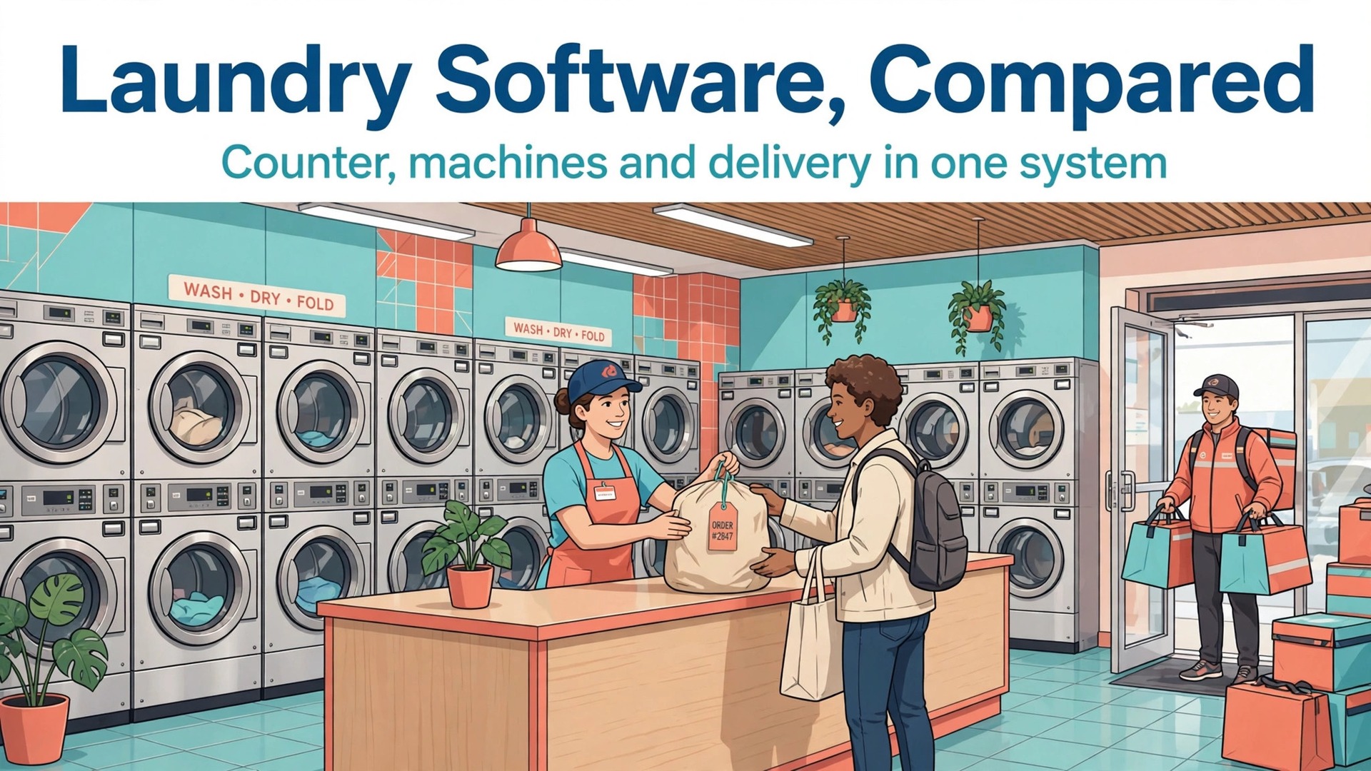 best laundry management software for laundromats thumbnail: Thumbnail for the laundry management software guide showing counter and delivery tools compared