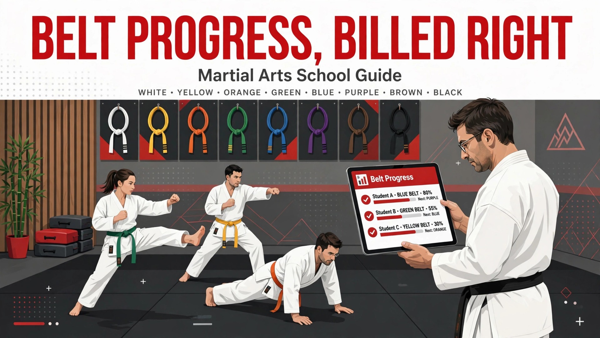 best student management software for martial arts schools thumbnail: Thumbnail for the martial arts student management guide showing belt tracking tools compared