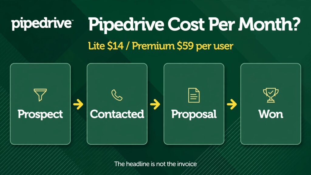 cost of Pipedrive for small business monthly thumbnail: Thumbnail for the How Much Does Pipedrive Cost a Small Business Each Month guide showing a Pipedrive pricing screen