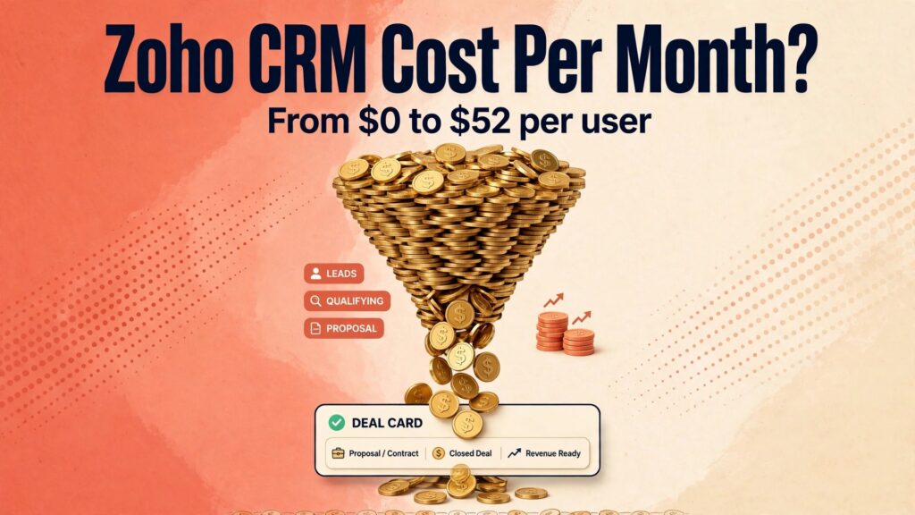 cost of Zoho CRM for small business monthly thumbnail: Thumbnail for the How Much Does Zoho CRM Cost a Small Business Each Month guide showing a Zoho CRM pricing screen
