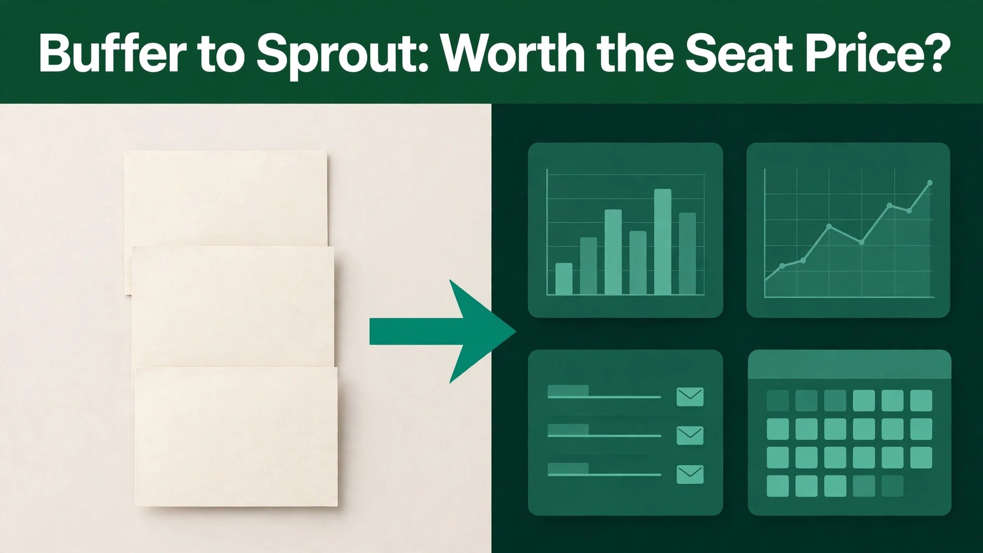 switch Buffer to Sprout Social small team thumbnail: Thumbnail for the Trading Buffer Simplicity for Sprout Social Depth guide showing a simple queue beside a deep workflow dashboard