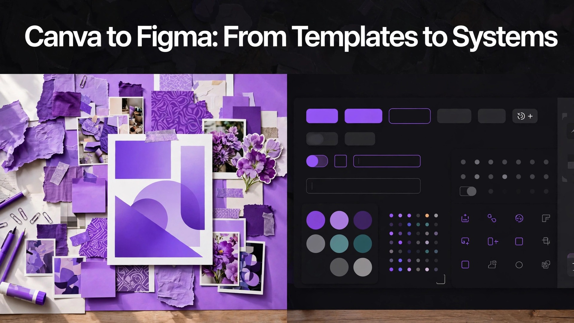 switch Canva to Figma design team thumbnail: Thumbnail for the From Templates to Systems guide showing a Canva template beside a Figma component library