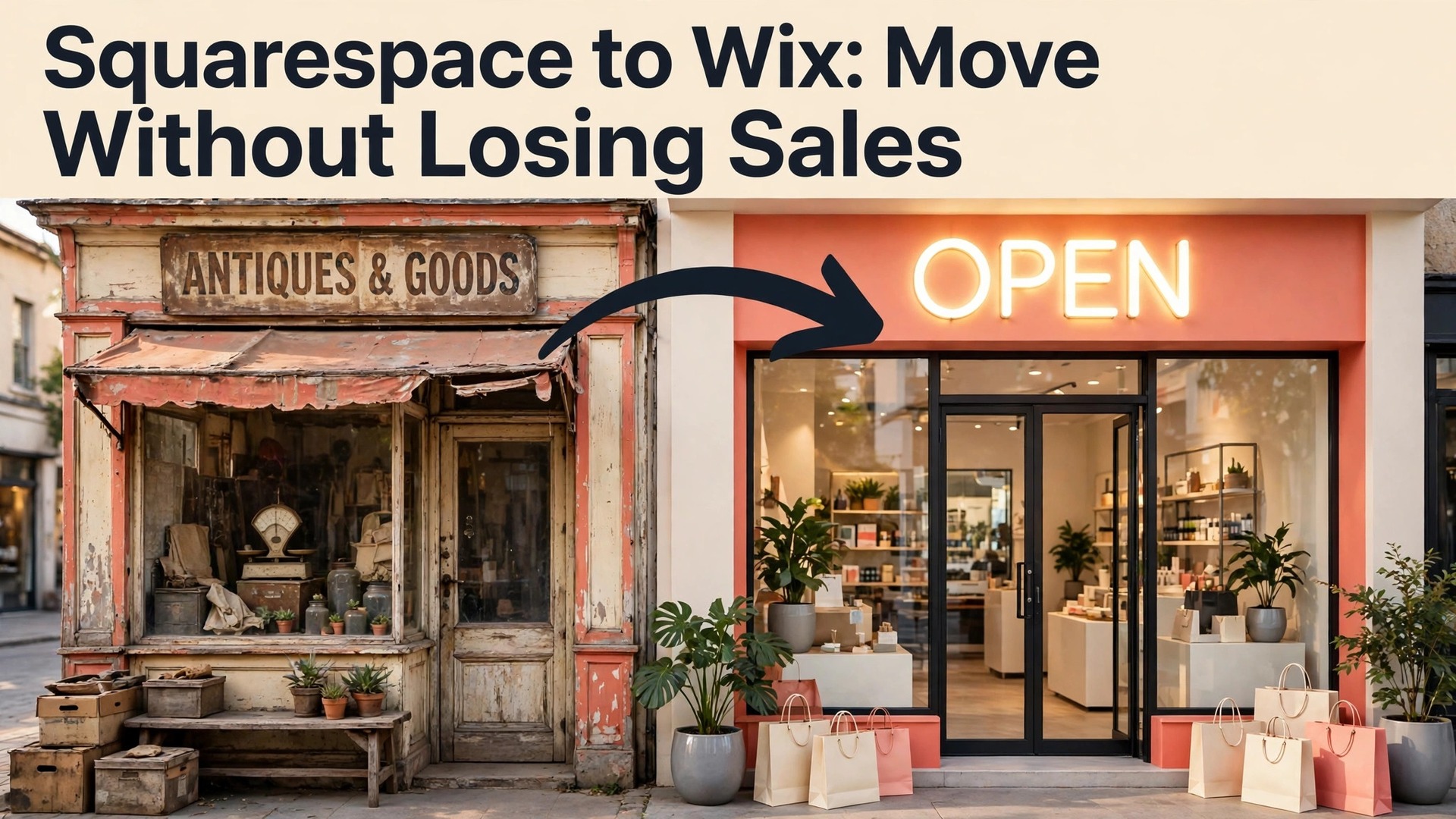 switch Squarespace to Wix small store thumbnail: Thumbnail for the Moving a Small Store From Squarespace to Wix Without Losing Sales or Search Traffic guide showing an old storefront beside a new one