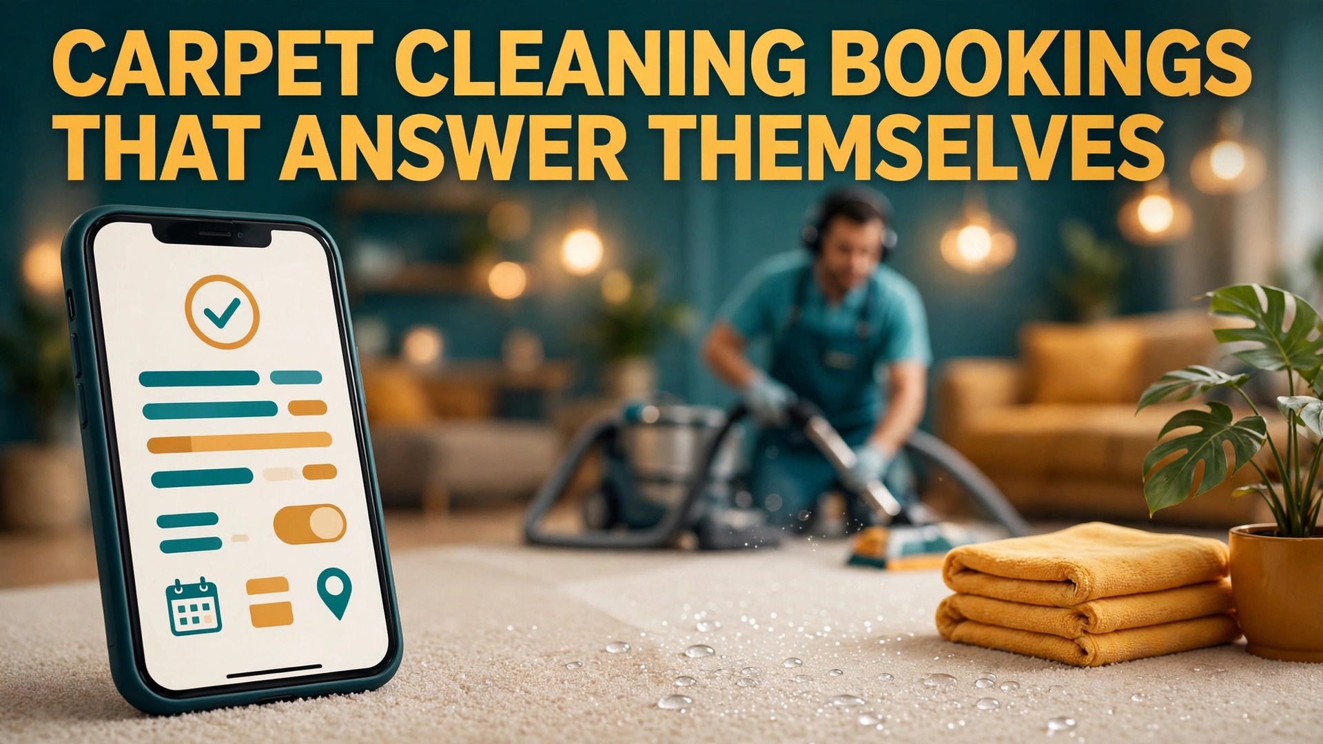 use AI for carpet cleaning booking thumbnail: Thumbnail for the carpet cleaning booking guide showing a phone booking screen beside a cleaned carpet room