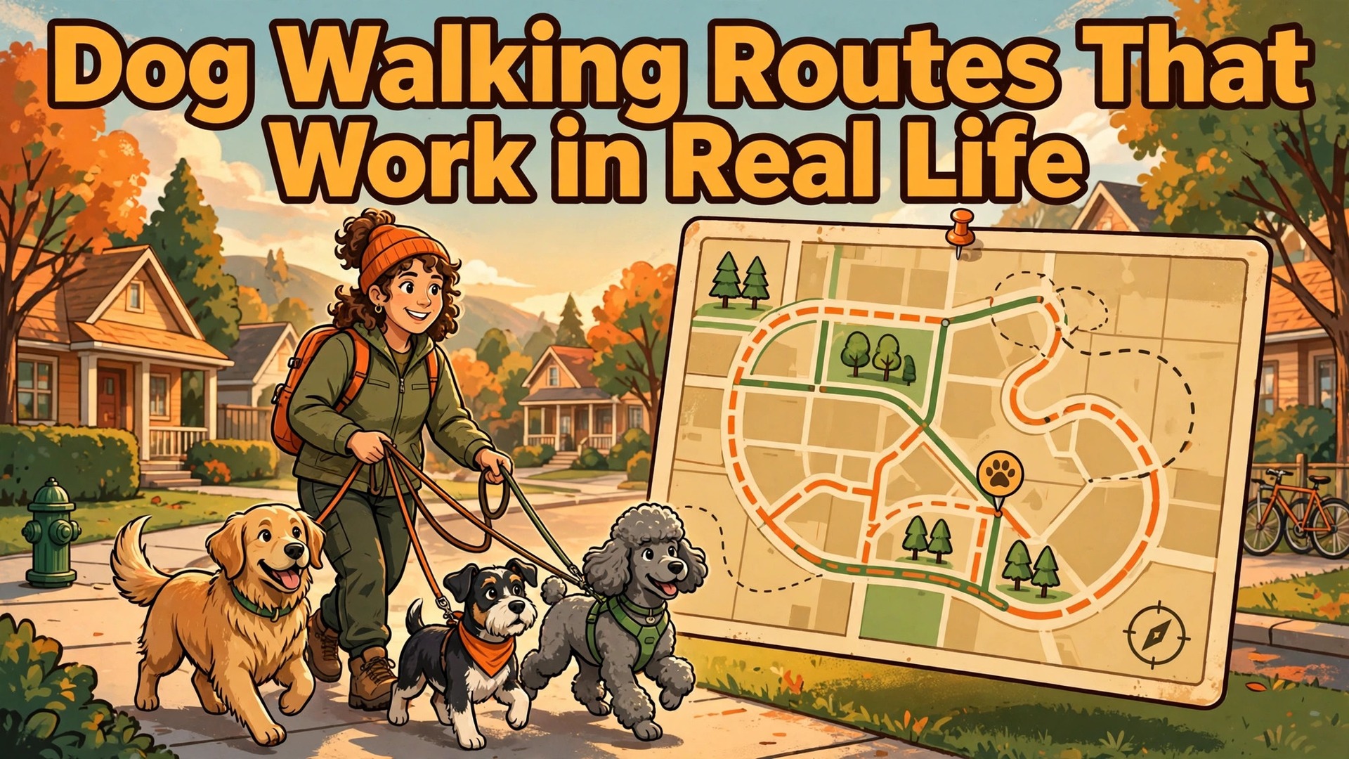 use AI for dog walking route scheduling thumbnail: Thumbnail for the dog walking route scheduling guide showing a route map screen beside a walker with dogs
