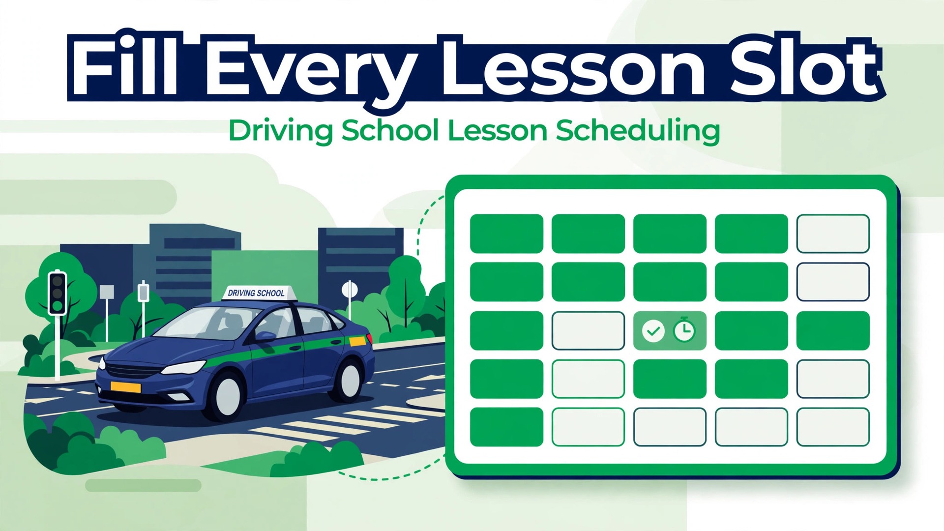 use AI for driving school lesson scheduling thumbnail: Thumbnail for the driving school lesson scheduling guide showing a booking dashboard mockup