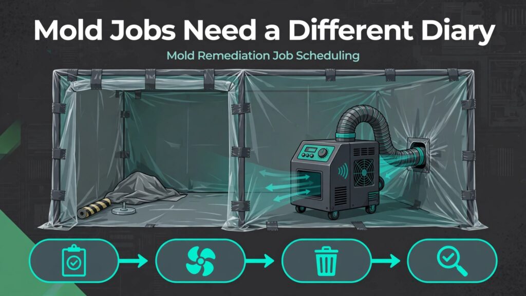 use AI for mold remediation job scheduling thumbnail: Thumbnail for the mold remediation scheduling guide showing a job diary mockup