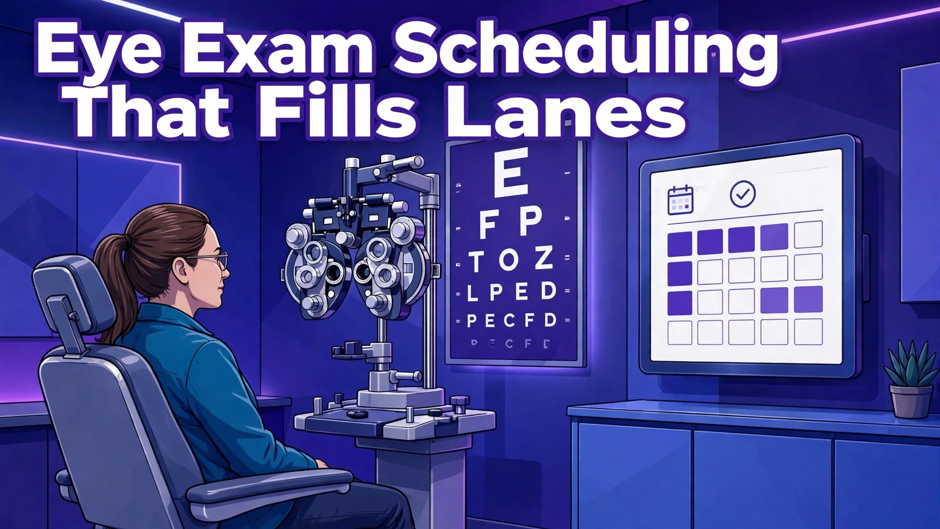 use AI for optometry clinic appointment scheduling thumbnail: Thumbnail for the optometry scheduling guide showing an eye exam booking screen beside an exam lane