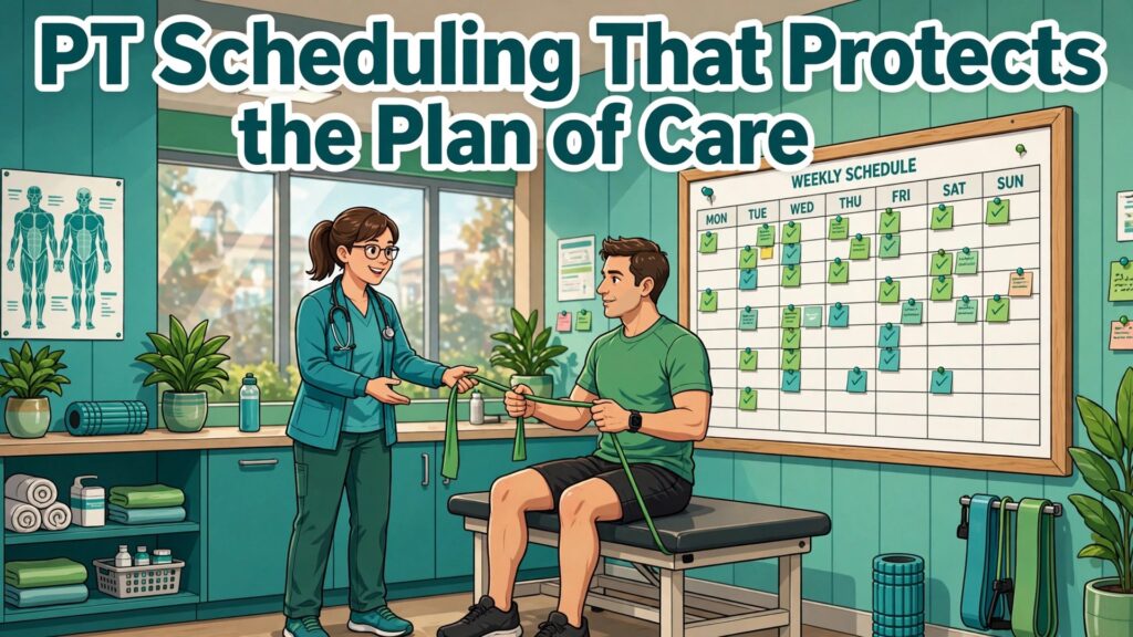 use AI for physical therapy clinic scheduling thumbnail: Thumbnail for the physical therapy scheduling guide showing a clinic schedule screen beside a therapy session