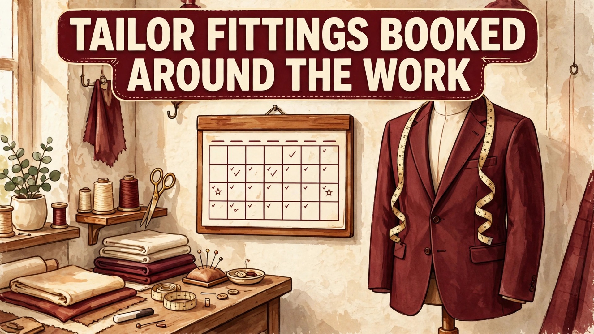 use AI for tailor fitting appointments thumbnail: Thumbnail for the tailor fitting appointments guide showing a fitting room booking screen beside a tailor measuring a suit