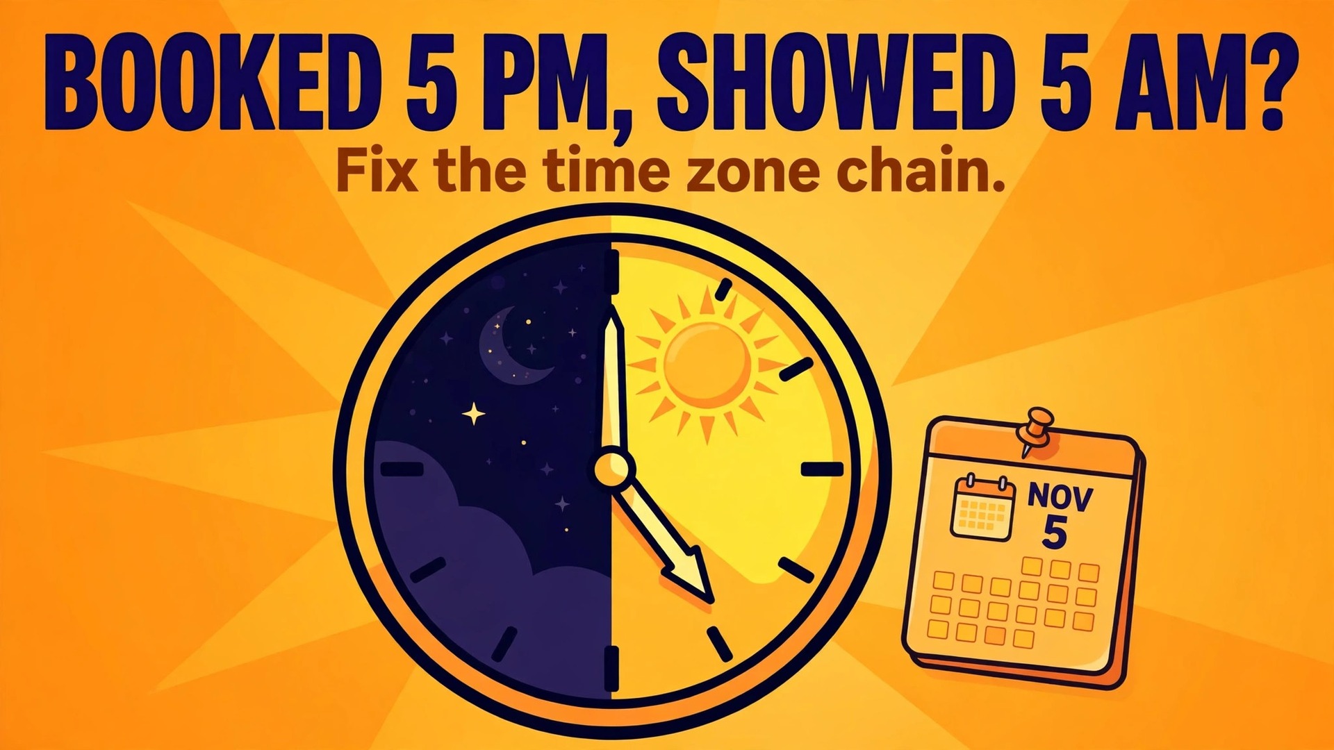 fix booking calendar showing wrong time zone small business thumbnail: Thumbnail for the booking time zone guide showing the same appointment at two different local times