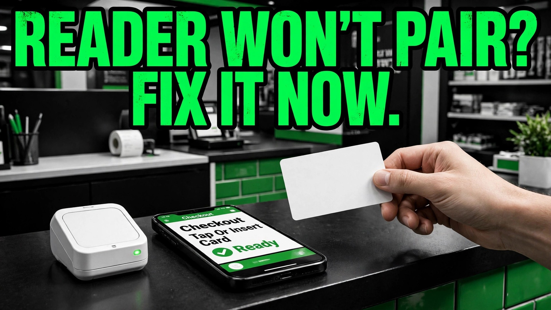 fix Square card reader not connecting small business thumbnail: Thumbnail for the Square reader fix guide showing a card reader beside a phone checkout screen