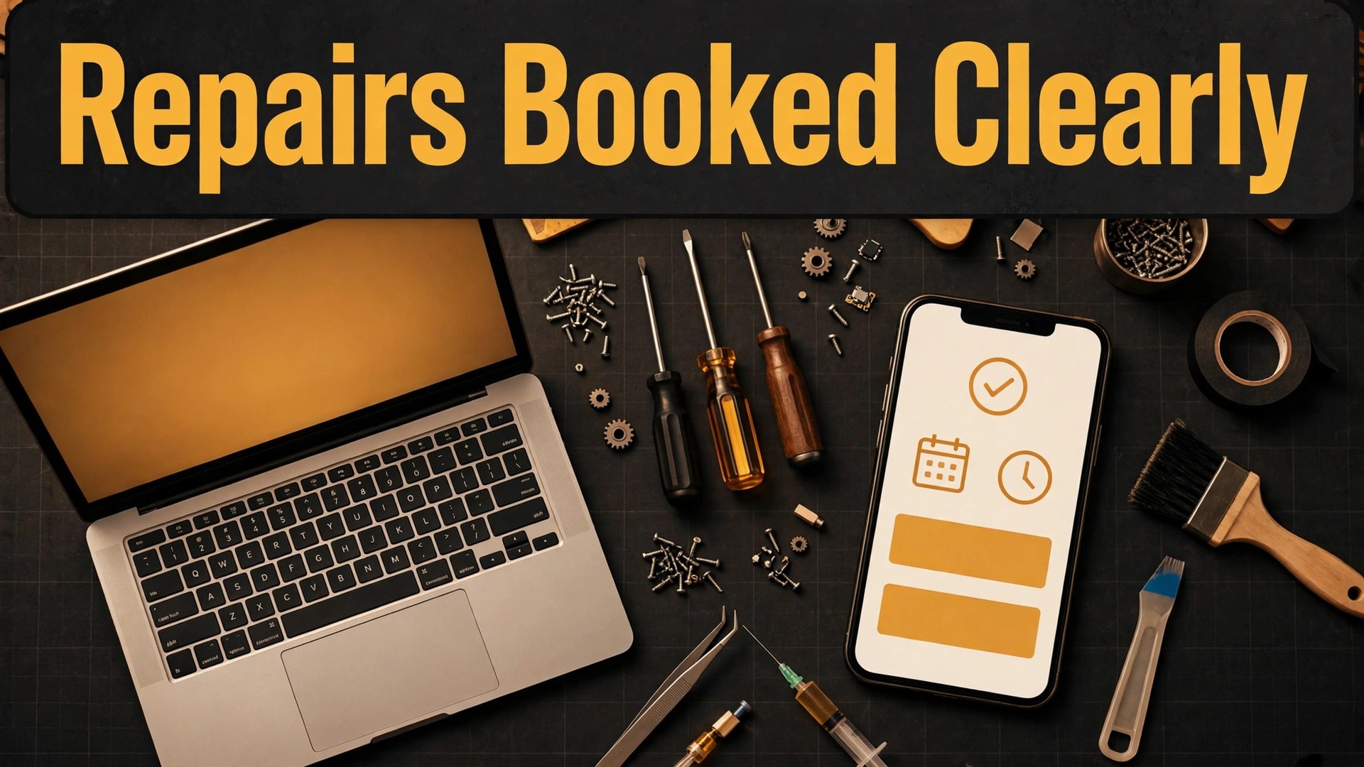 use AI for computer repair shop booking thumbnail: Thumbnail for the computer repair booking guide showing a phone booking screen beside a laptop on a repair bench