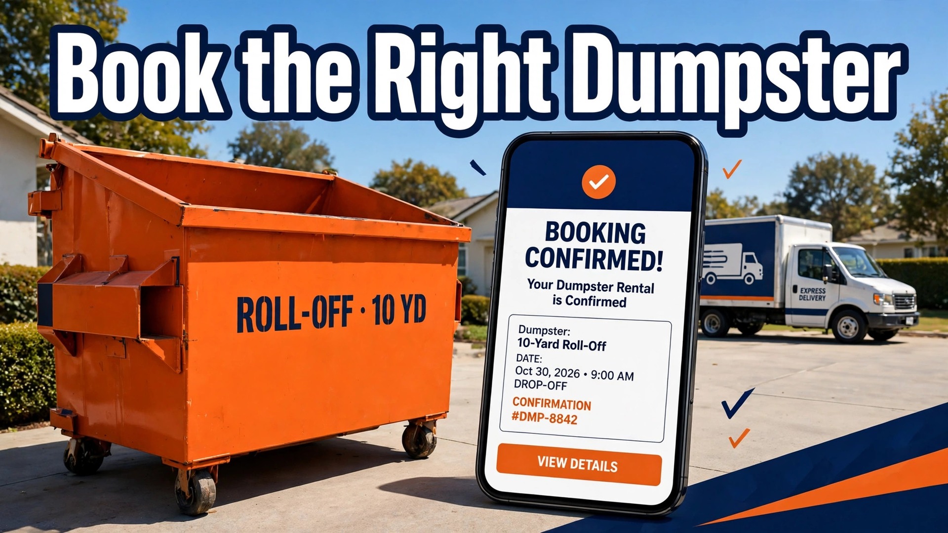 use AI for dumpster rental booking thumbnail: Thumbnail for the dumpster rental booking guide showing a phone booking screen beside a roll off container