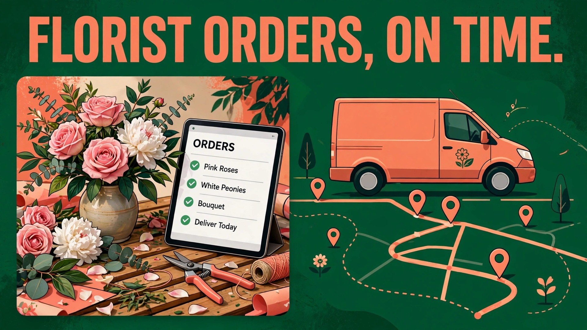 use AI for florist business order management thumbnail: Thumbnail for the florist order management guide showing a florist bench order screen beside fresh bouquets