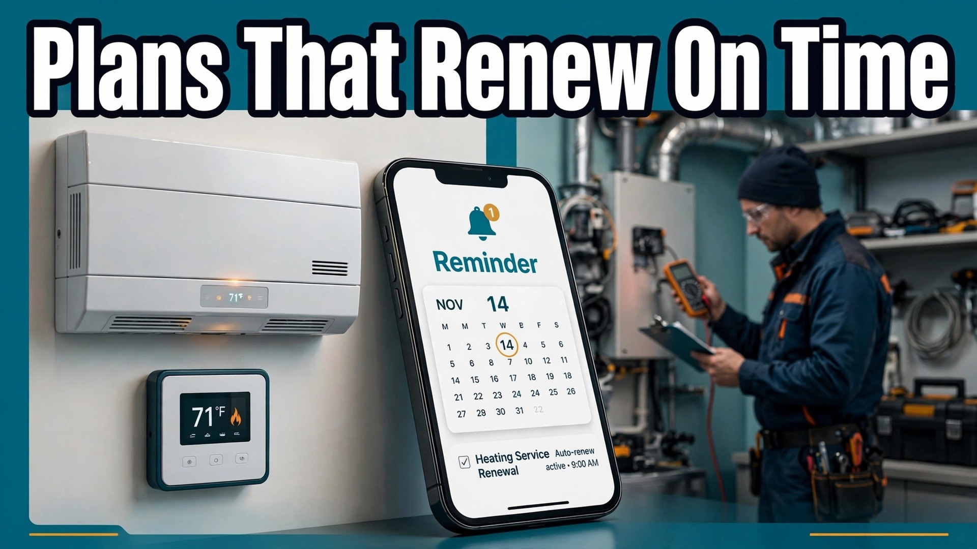 use AI for HVAC maintenance plan reminders thumbnail: Thumbnail for the HVAC maintenance plan guide showing a phone reminder beside a home heating system