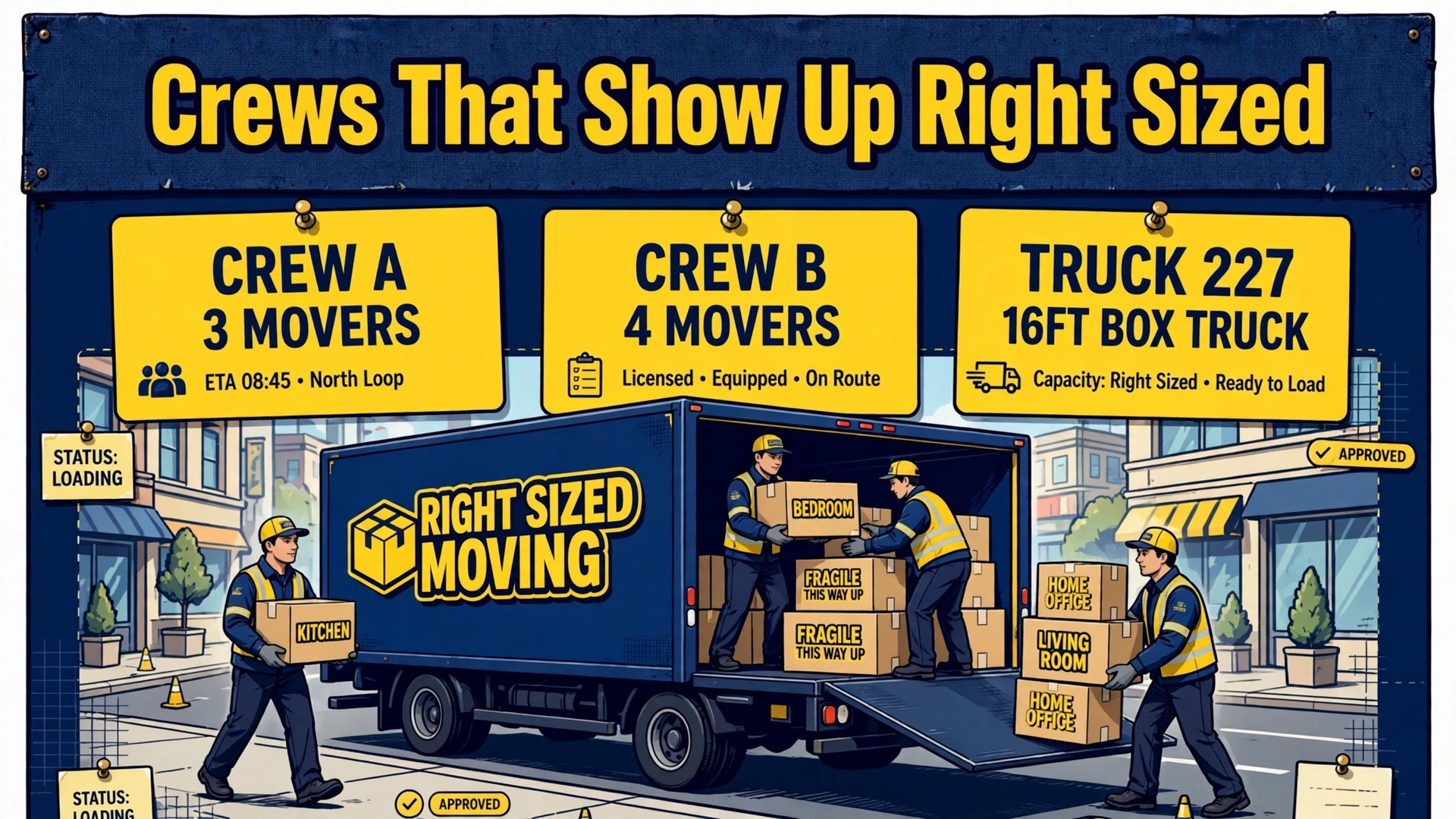 use AI for moving company crew scheduling thumbnail: Thumbnail for the moving crew scheduling guide showing a dispatch board beside a moving truck