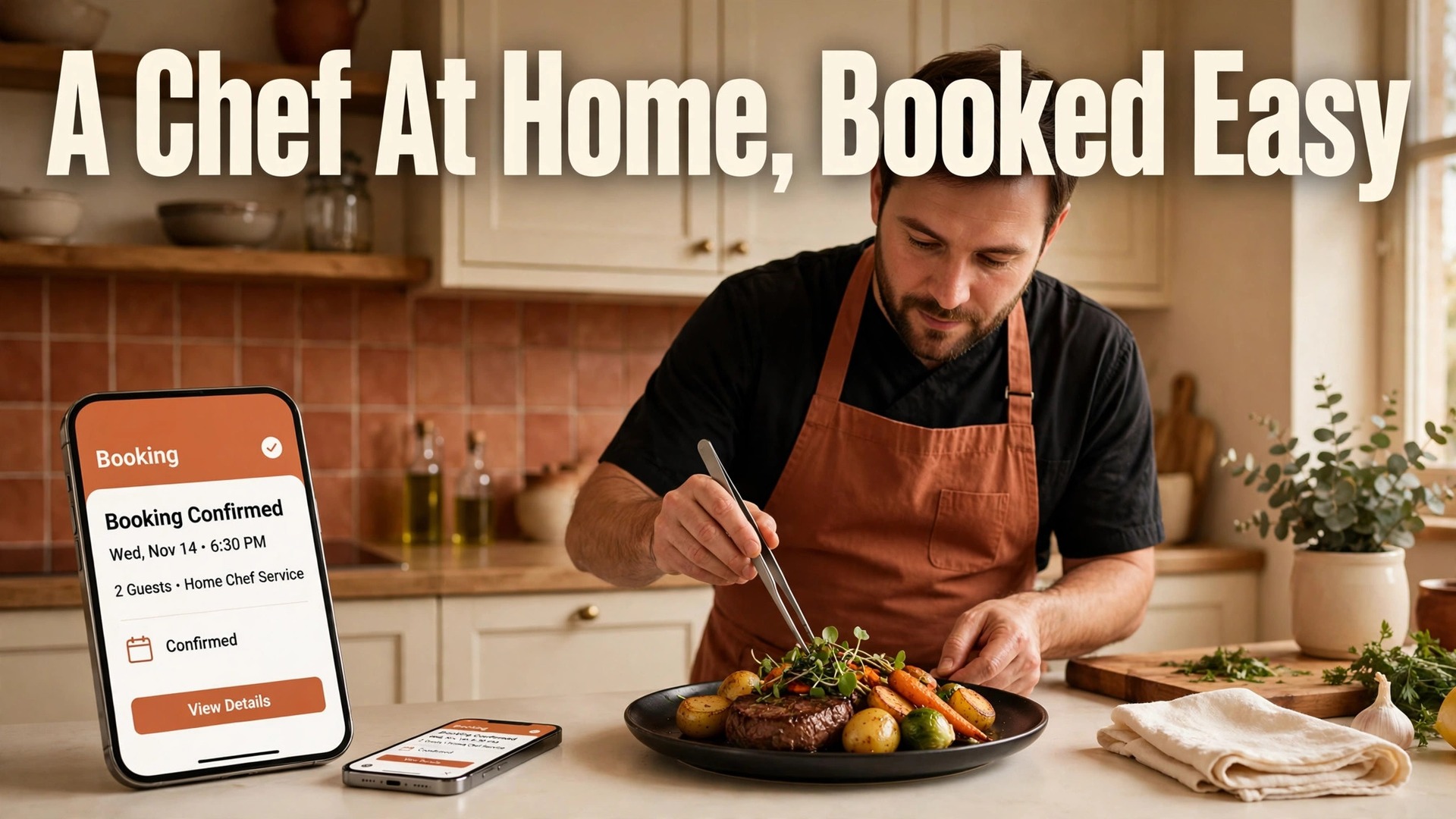 use AI for personal chef booking thumbnail: Thumbnail for the personal chef booking guide showing a phone booking screen beside a chef plating dinner at home