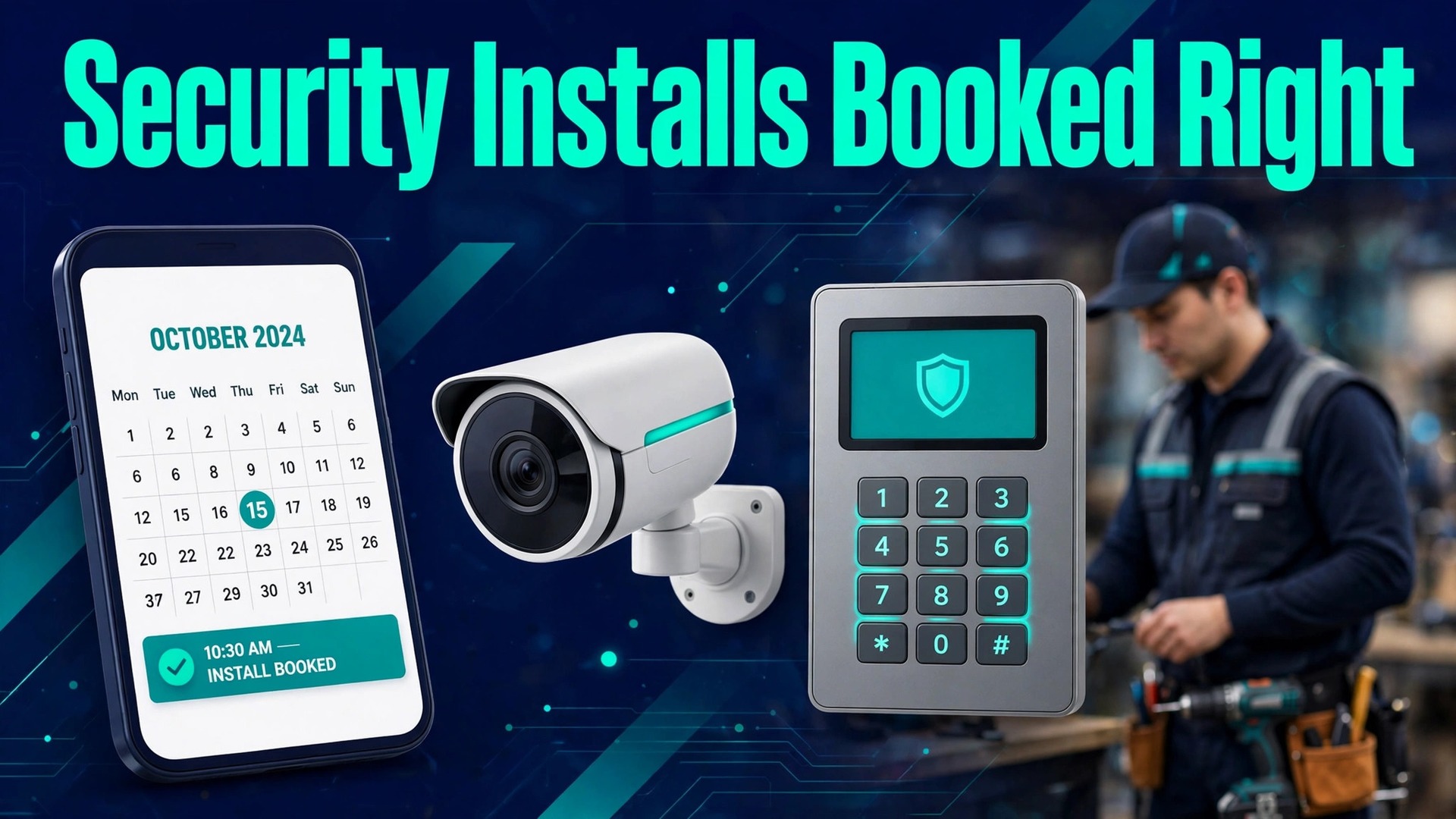 use AI for security system installer scheduling thumbnail: Thumbnail for the security installer scheduling guide showing a phone booking screen beside a home camera and alarm panel