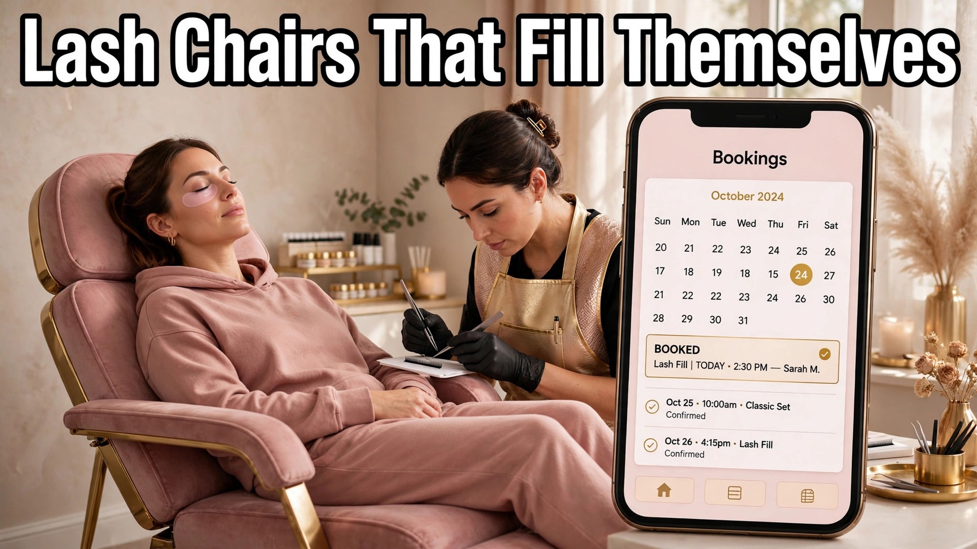use Booksy for lash technician appointment booking thumbnail: Thumbnail for the lash booking guide showing a Booksy booking screen beside a lash studio chair