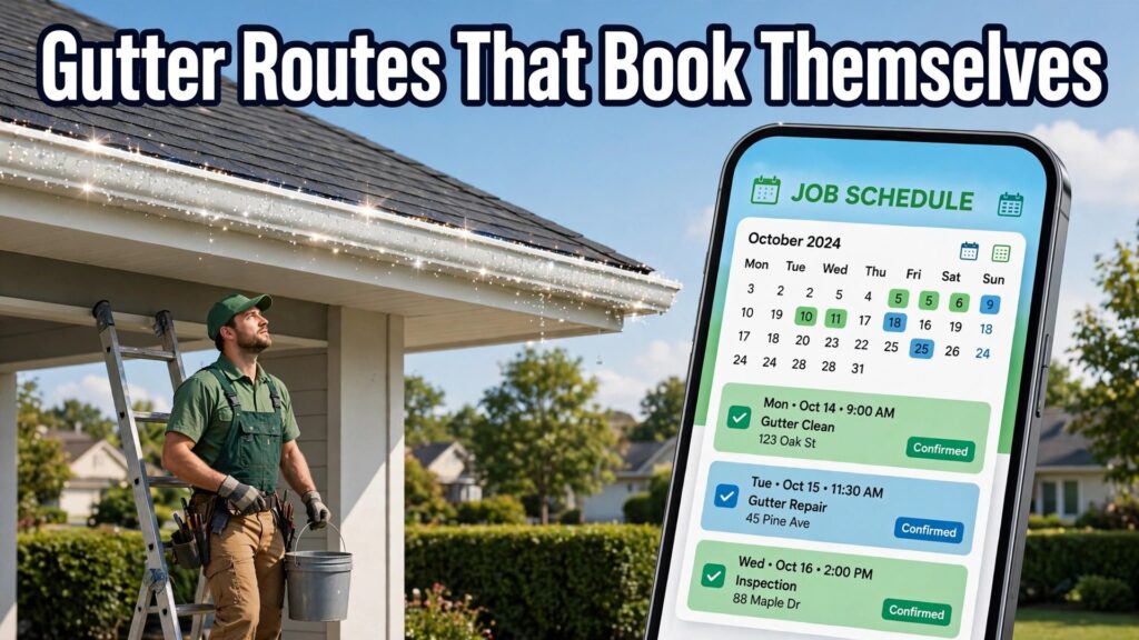 use Jobber for gutter cleaning job scheduling thumbnail: Thumbnail for the gutter scheduling guide showing a Jobber schedule beside a cleaned gutter