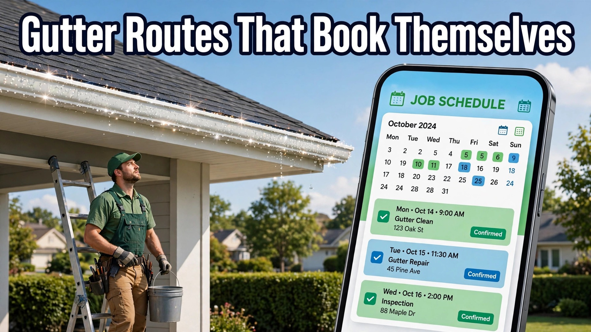 use Jobber for gutter cleaning job scheduling thumbnail: Thumbnail for the gutter scheduling guide showing a Jobber schedule beside a cleaned gutter