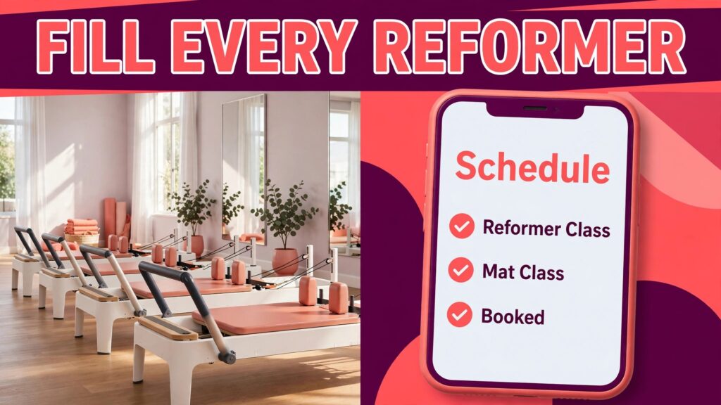 use Mindbody for pilates studio class booking thumbnail: Thumbnail for the Pilates booking guide showing a Mindbody style class schedule beside reformer machines