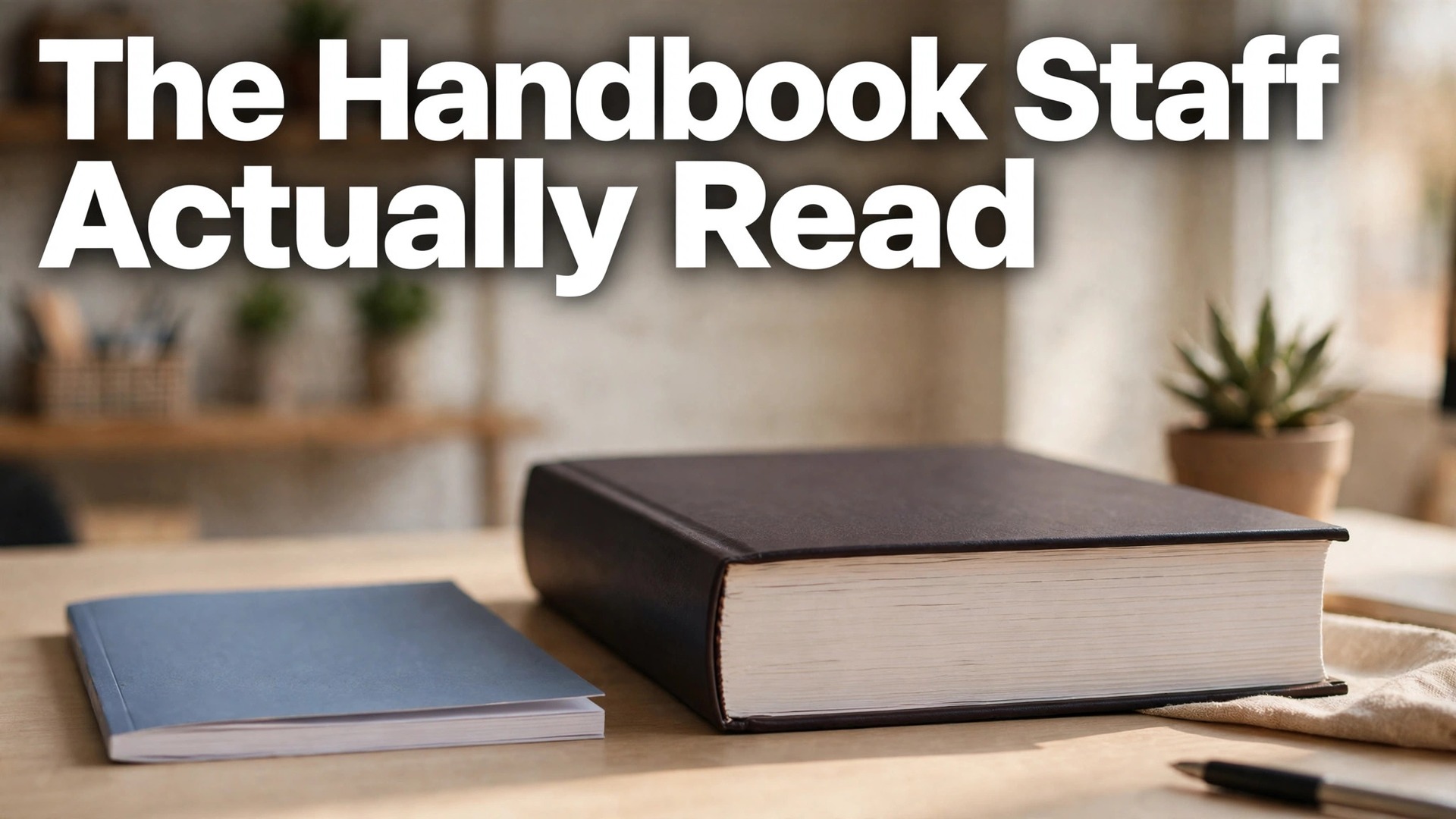 how to create employee handbook small business thumbnail: Thumbnail comparing a clear short employee handbook with a long unread handbook on a desk