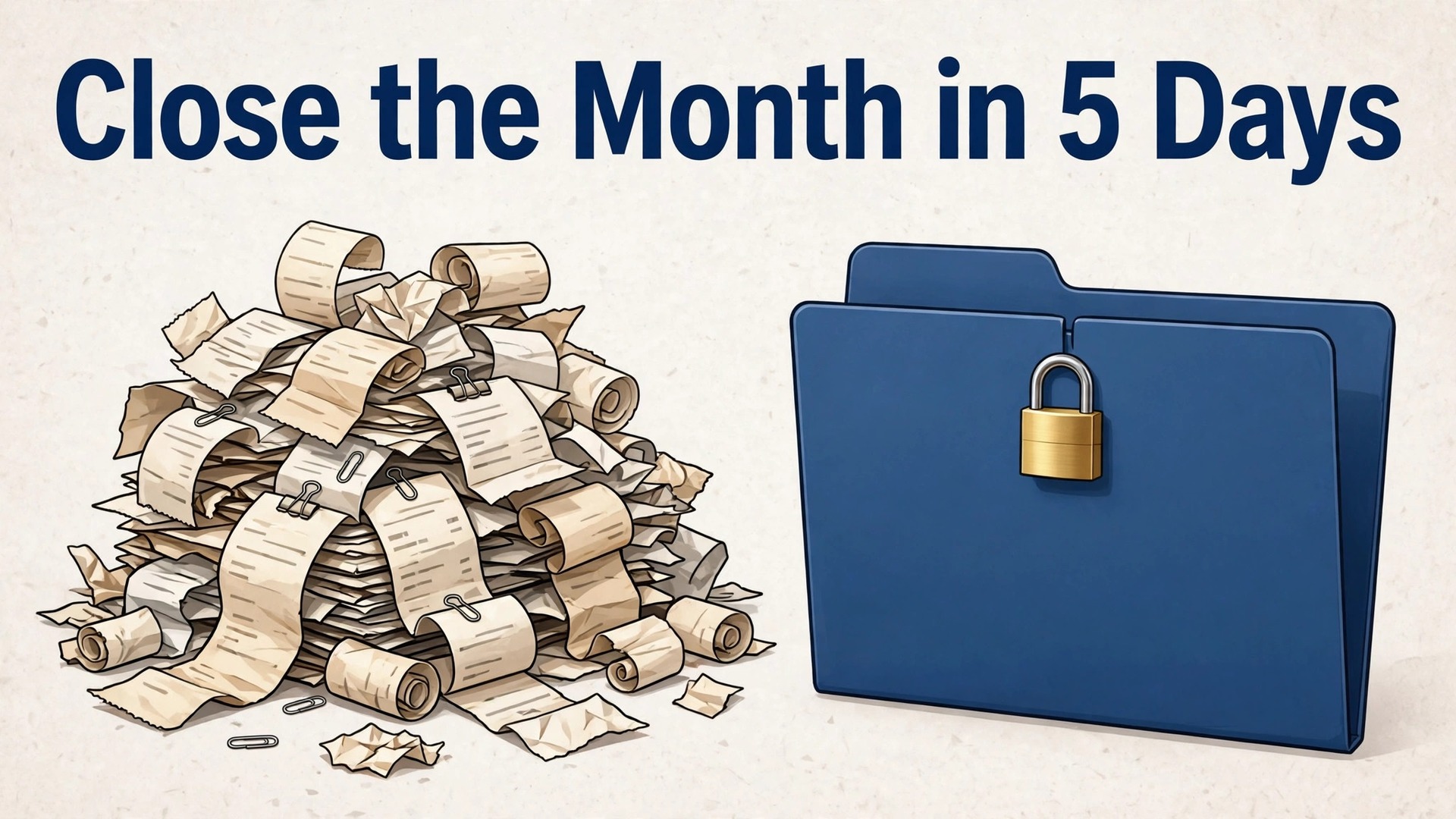 how to do month end close small business thumbnail: Messy receipts compared with a tidy locked month end report