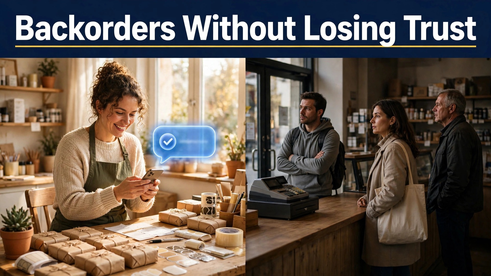 how to handle backorders small online shop thumbnail: Thumbnail comparing a shop that updates backorder customers with a shop that leaves them waiting in silence