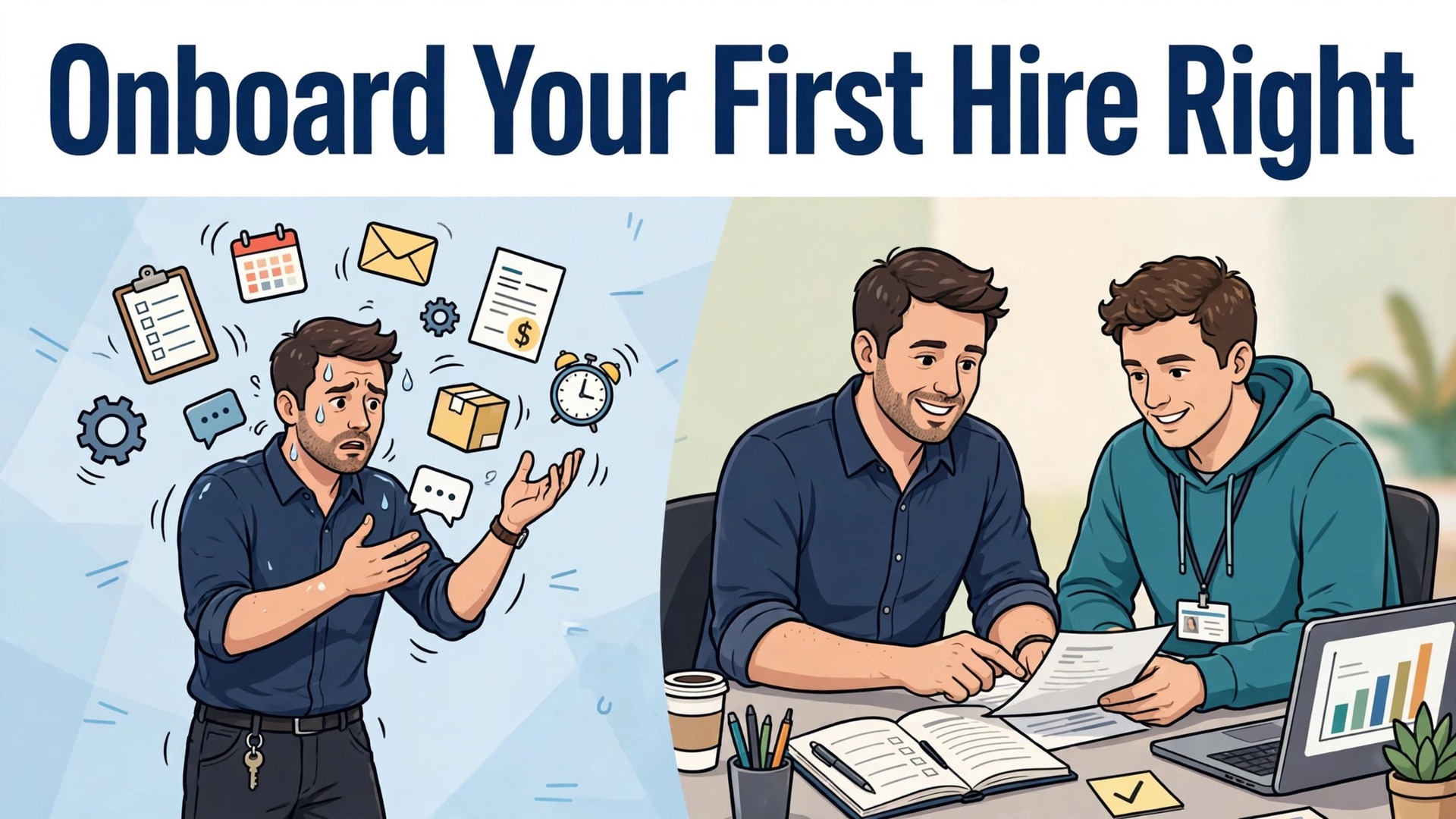 how to onboard first employee small business thumbnail: Lone owner juggling tasks compared with an owner and first employee sharing work