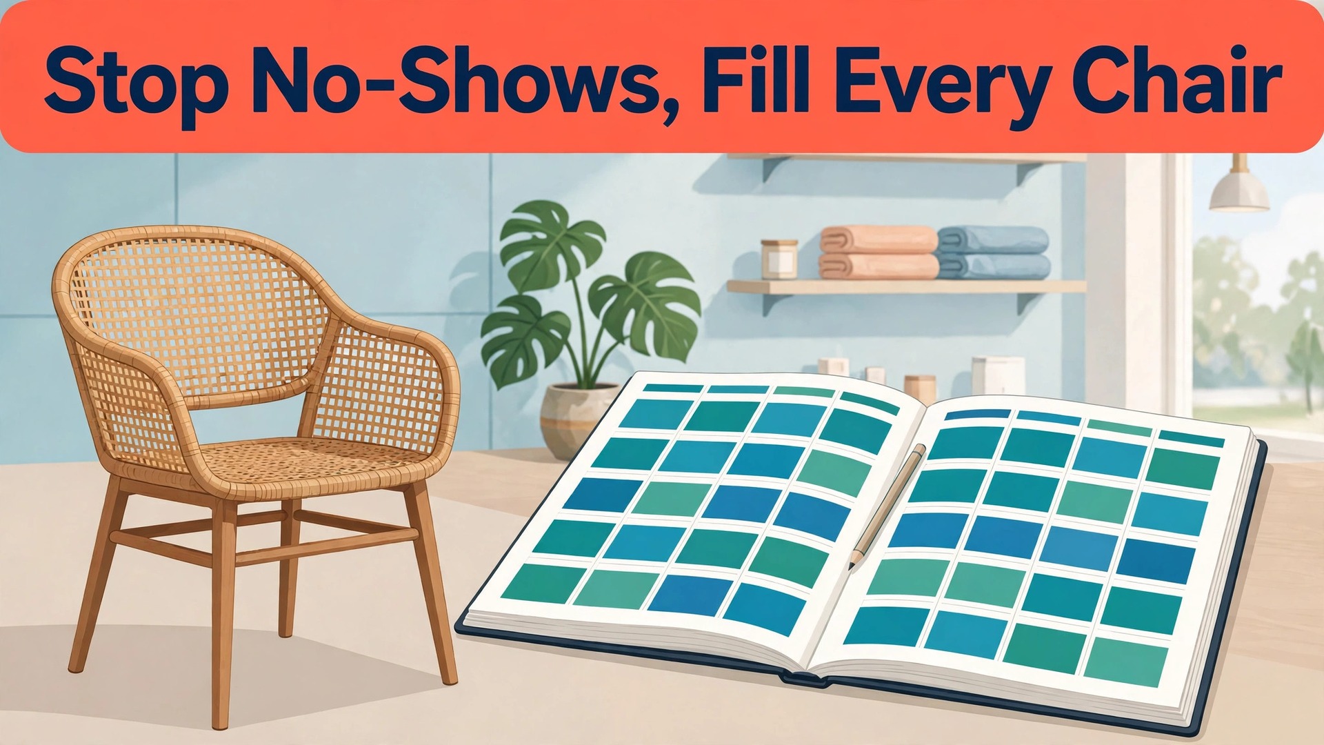 how to reduce no shows service business thumbnail: Empty chair beside a full booking diary for reducing no shows