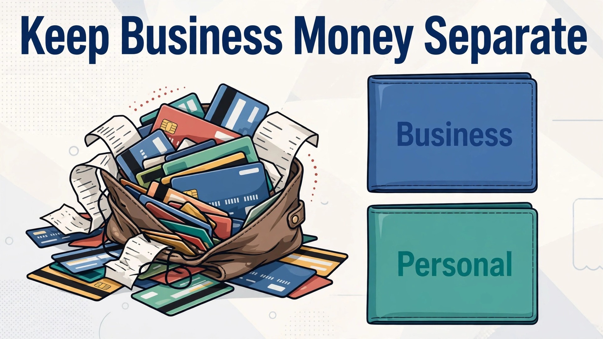 how to separate business personal expenses small business thumbnail: Tangled mixed wallet compared with clean separate business and personal wallets