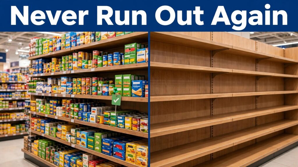 how to set inventory reorder points small shop thumbnail: Thumbnail comparing a shop shelf with a calm reorder trigger beside a shop shelf that has run empty