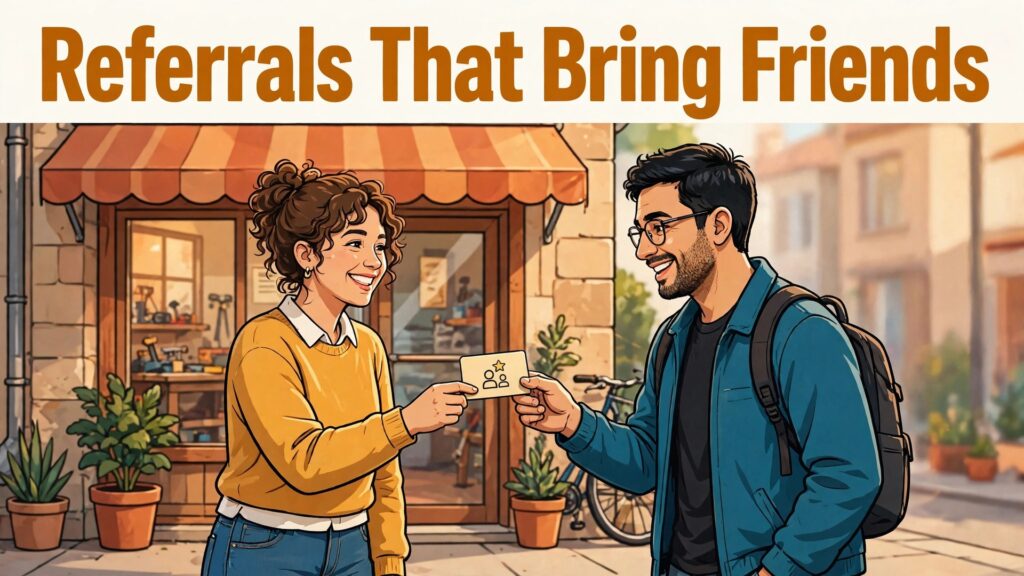 how to set up referral program small service business thumbnail: Referral program thumbnail showing a customer recommending a small service business to a friend