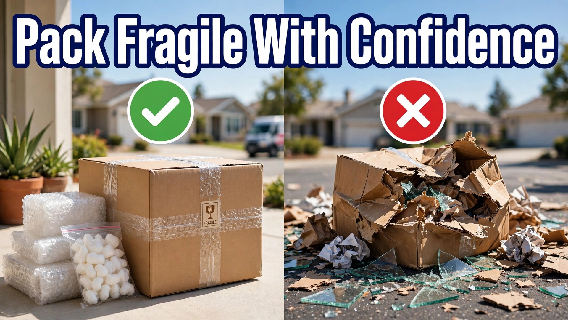 how to ship fragile items small business thumbnail: Thumbnail comparing a well packed fragile parcel arriving intact beside a poorly packed parcel arriving broken