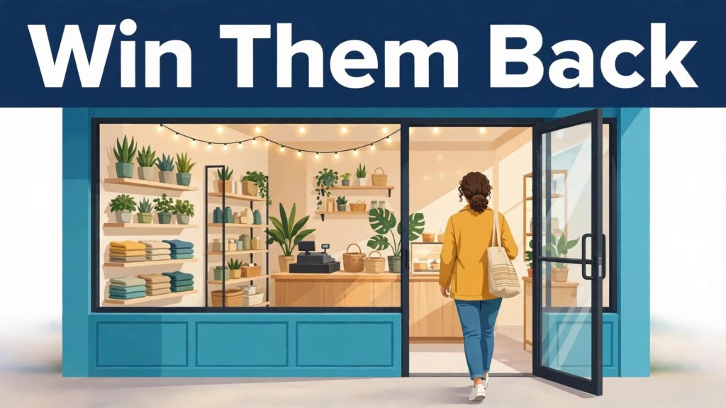 how to win back lost customers small business thumbnail: Returning customer walking back into a shop