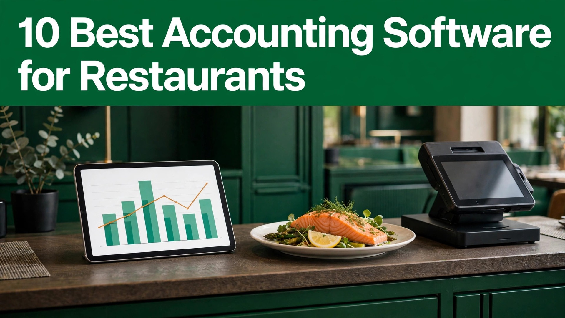 Thumbnail for the Best Accounting Software for Restaurants guide showing a restaurant dashboard and POS terminal