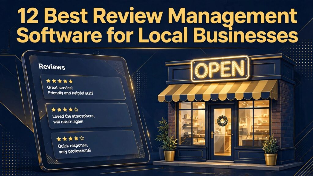 Thumbnail for the Best Review Management Software for Local Businesses guide showing a review dashboard and shopfront