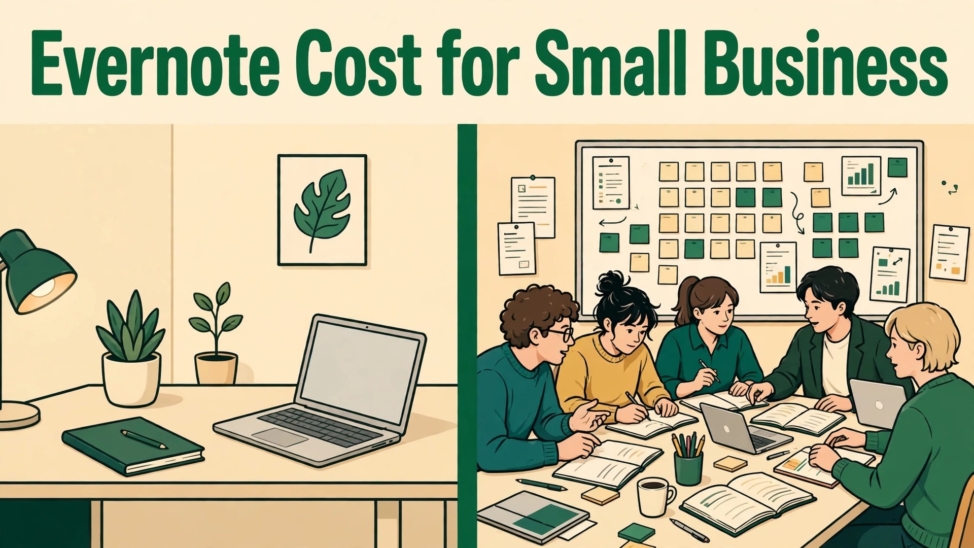 cost of Evernote for small business monthly thumbnail: Thumbnail for the Evernote small business cost guide showing solo and team workspaces side by side