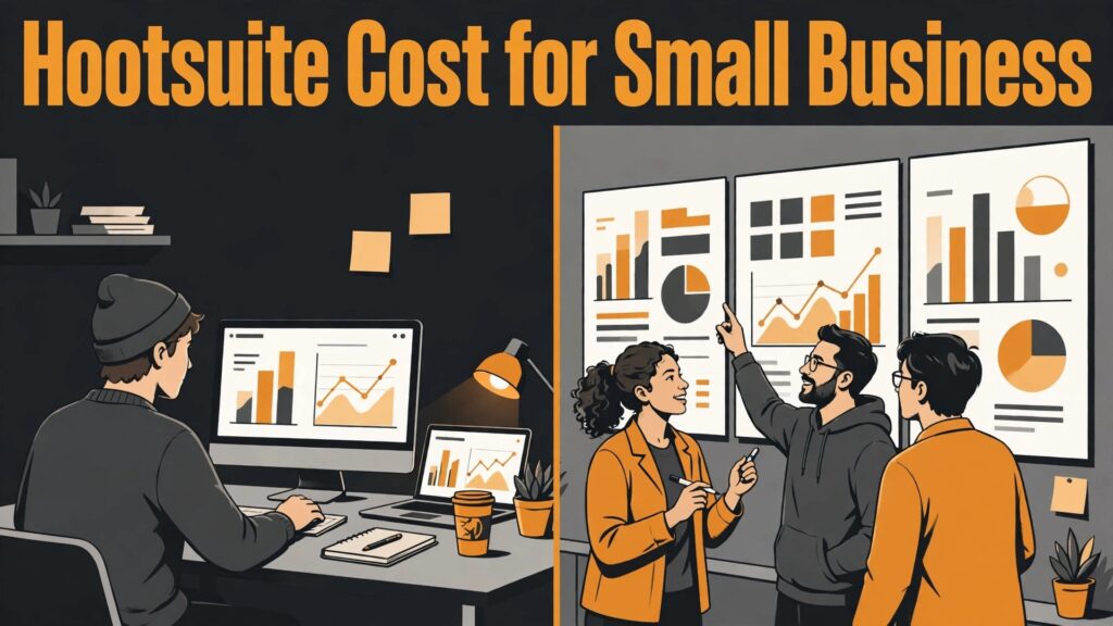 cost of Hootsuite for small business monthly thumbnail: Thumbnail for the Hootsuite small business cost guide showing solo and team social dashboards