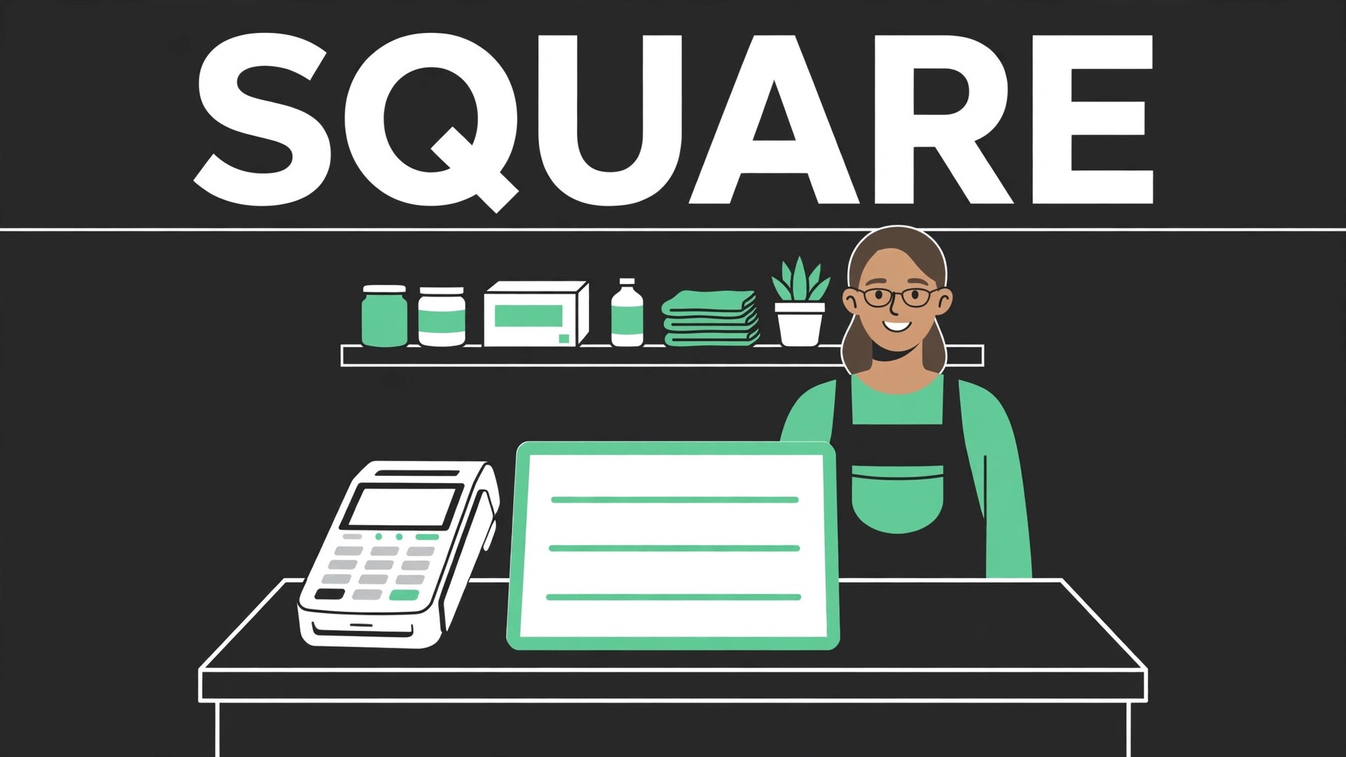 cost of Square for small business monthly thumbnail: A small shop counter with a Square card reader and monthly cost card