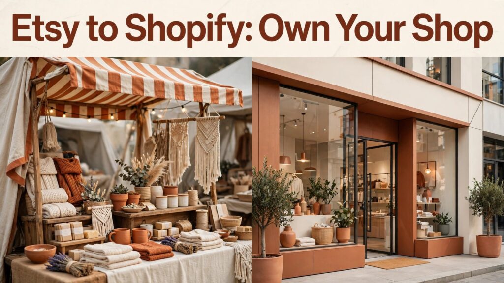 switch Etsy to Shopify small seller thumbnail: A handmade stall beside a new independent shopfront with the same brand