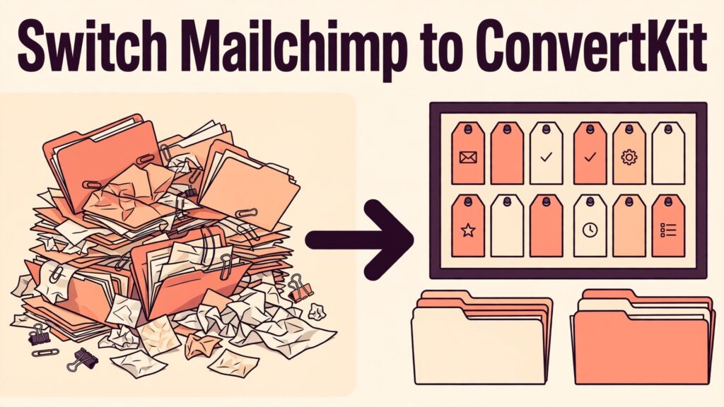 switch Mailchimp to ConvertKit small business thumbnail: A clean tag board replacing tangled email campaign folders