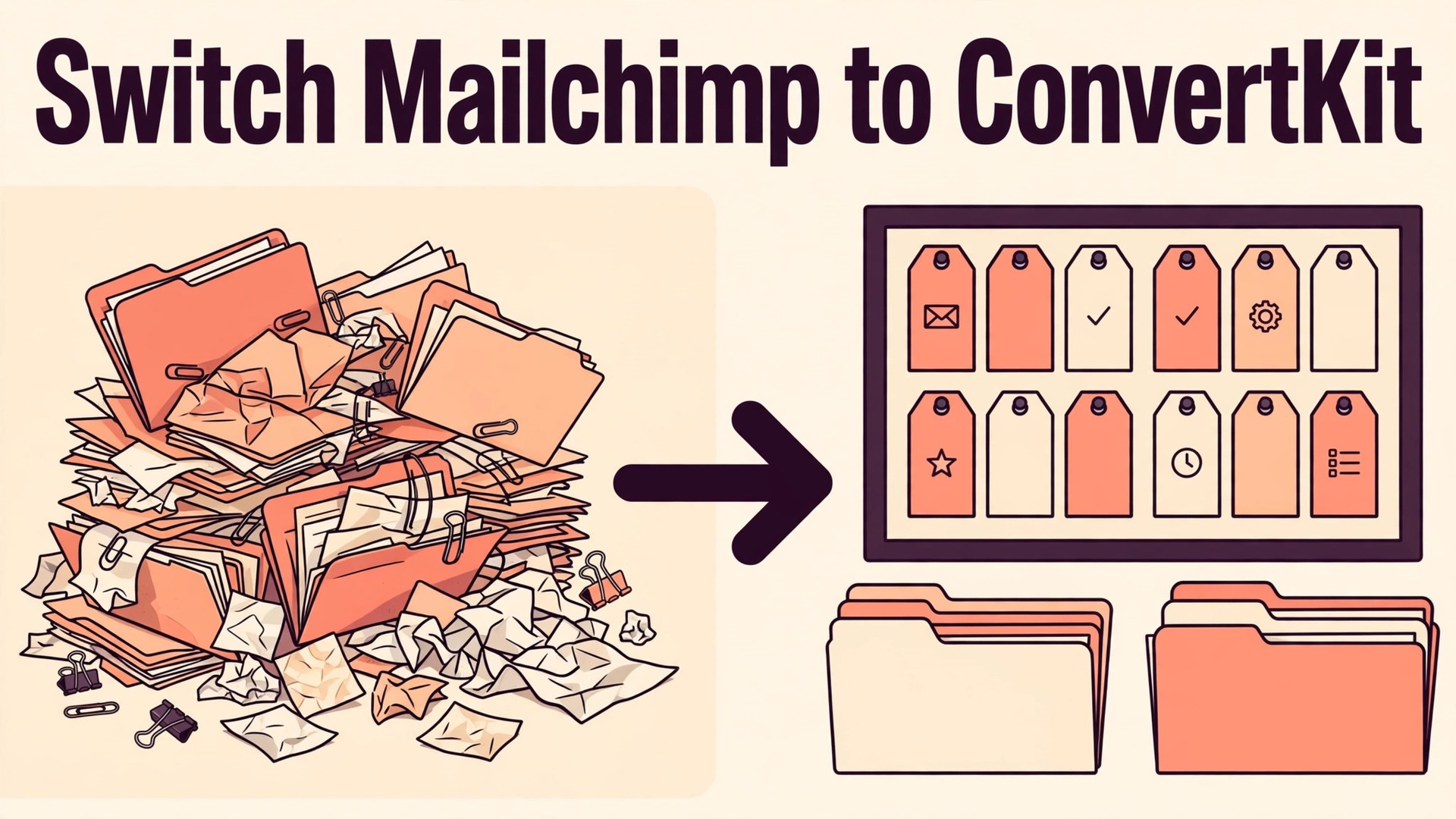 switch Mailchimp to ConvertKit small business thumbnail: A clean tag board replacing tangled email campaign folders