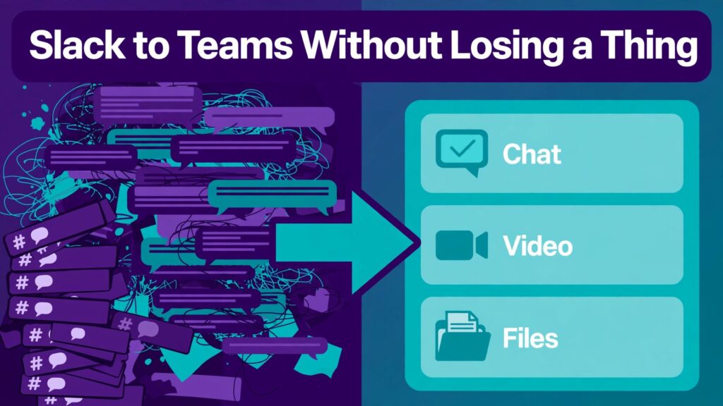 switch Slack to Microsoft Teams small team thumbnail: A small team comparing scattered chat channels with one organised collaboration hub