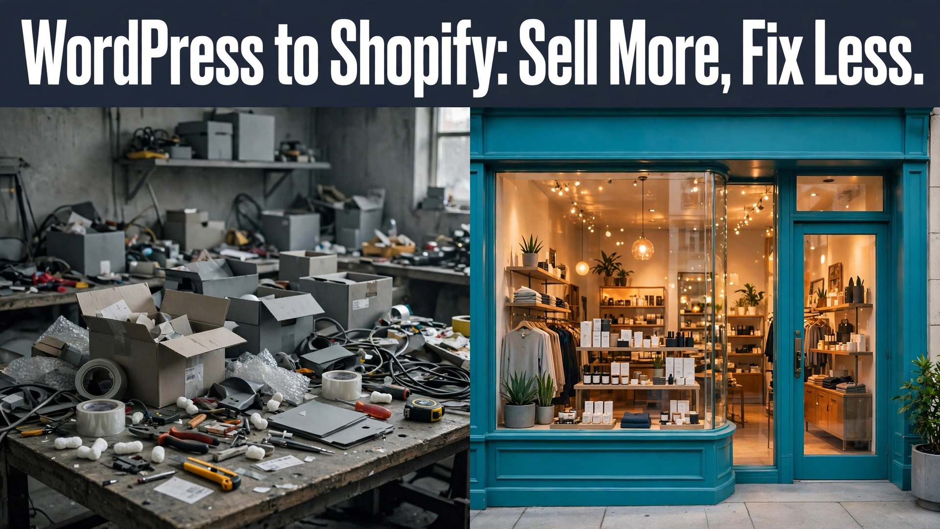 switch WordPress to Shopify small store thumbnail: A small store moving from a workbench setup to a polished shop window