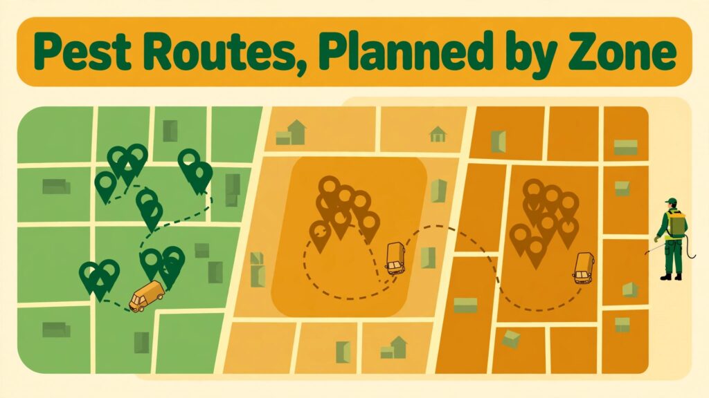 use AI for pest control route scheduling thumbnail: A pest control route map with clustered stops in area zones