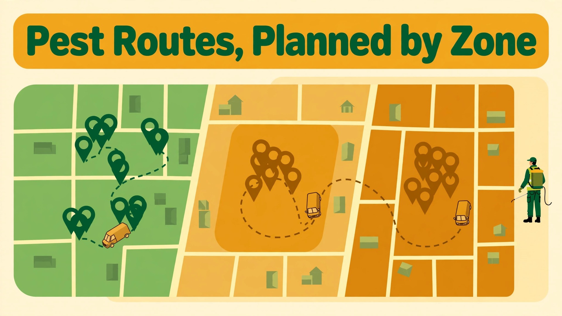 use AI for pest control route scheduling thumbnail: A pest control route map with clustered stops in area zones
