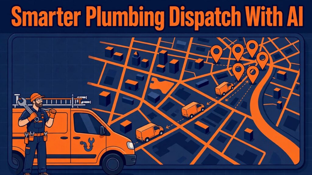 use AI for plumbing company dispatch thumbnail: A plumbing dispatch board with vans routed to ranked jobs on a map